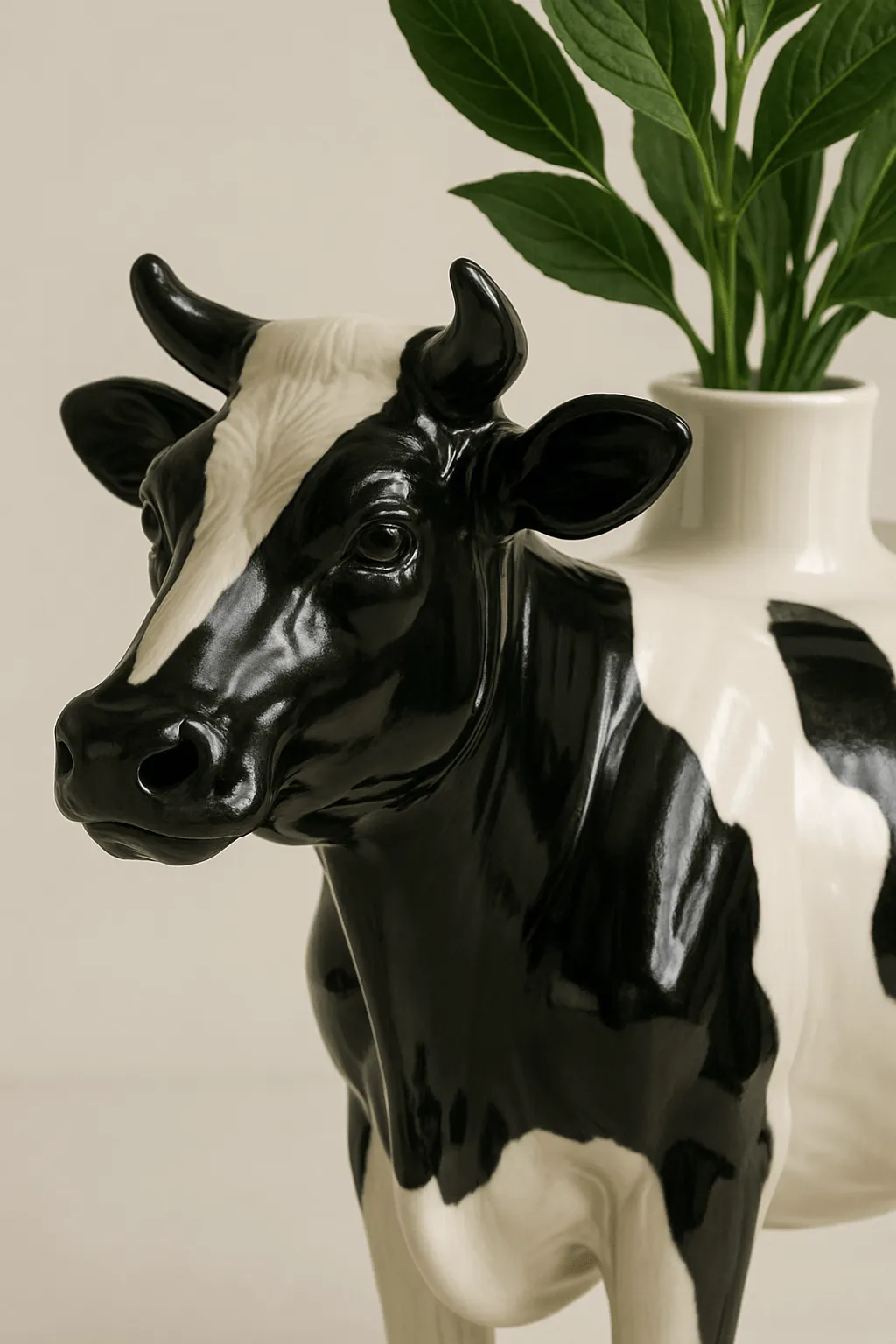 A vase in the shape of a cow, with a plant inside