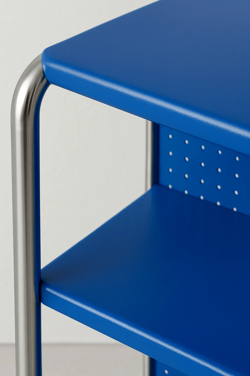 A blue and chrome bookshelf