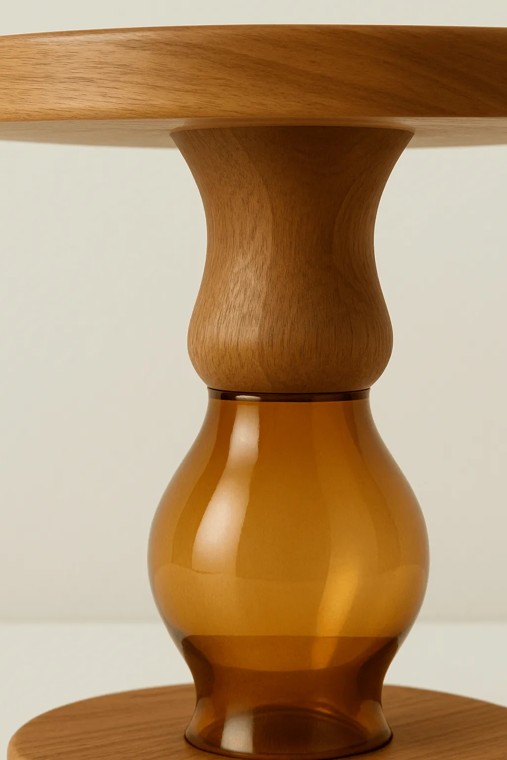 A wooden sidetable with one part in smoked glass